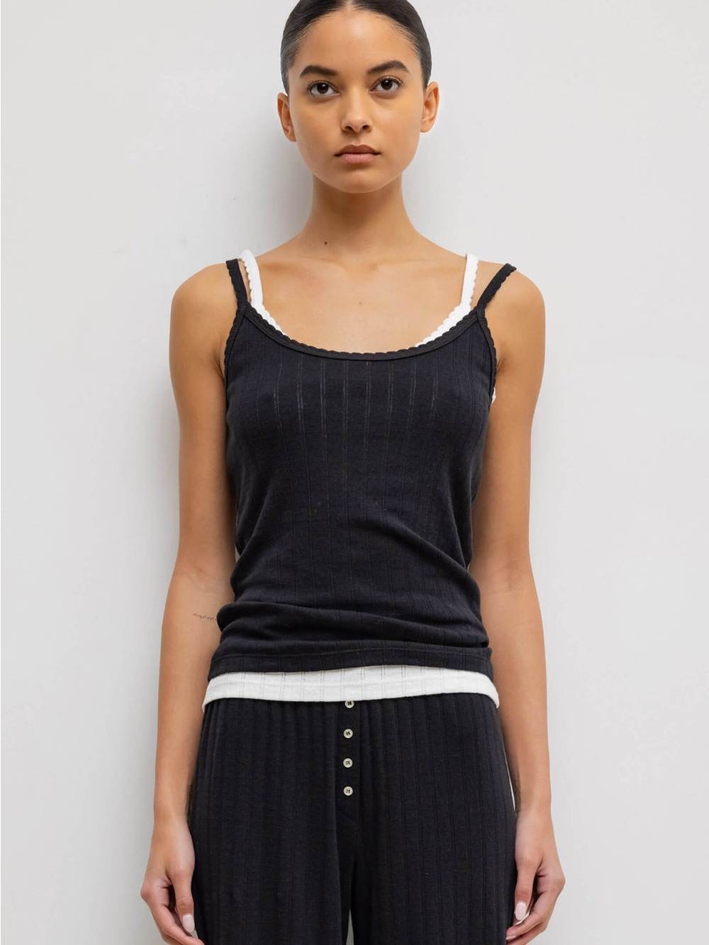 LESET Pointelle Black Ribbed Knit Tank Top - Picture 2 of 2